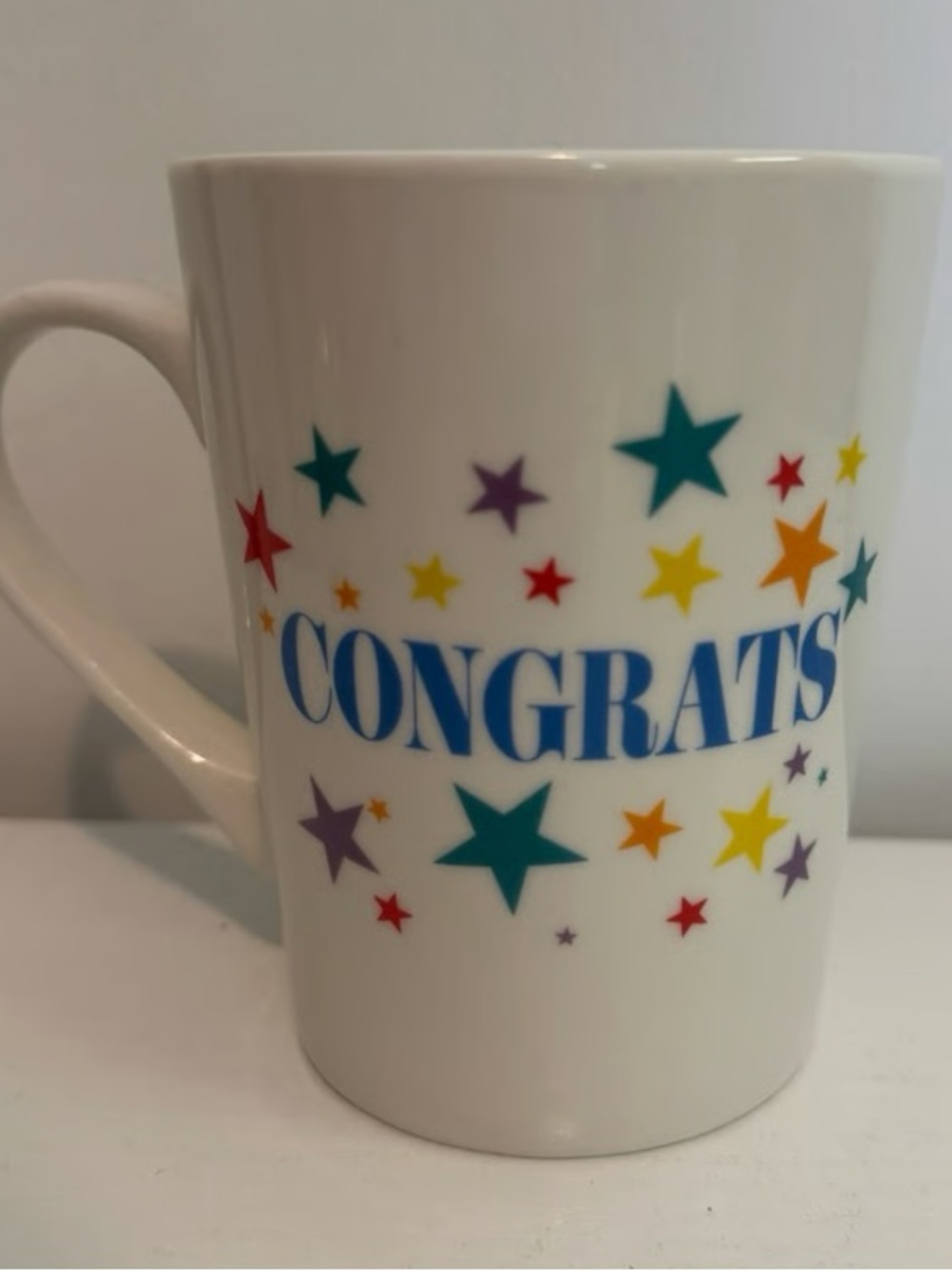 White 'Congrats' Star Ceramic Mug - Blue Lettering